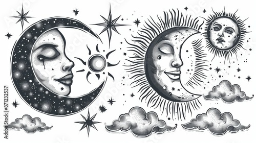 A highly detailed black and white tattoo design featuring the sun and moon with human faces, surrounded by stars and clouds, symbolizing balance and duality.