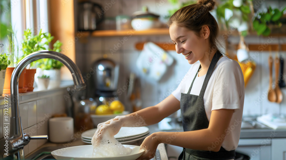 Happy smiling young woman wearing apron, washing cleaning dishes plates in kitchen sink under faucet water with white foam. Housewife household housework, domestic chores Happy smiling young woman wearing apron, washing cleaning dishes plates in kitchen sink under faucet water with white foam. Housewife household housework, domestic chores