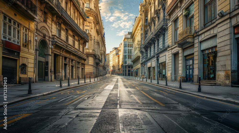 Fototapeta premium european city street, empty, one point perspective, photography, realistic 