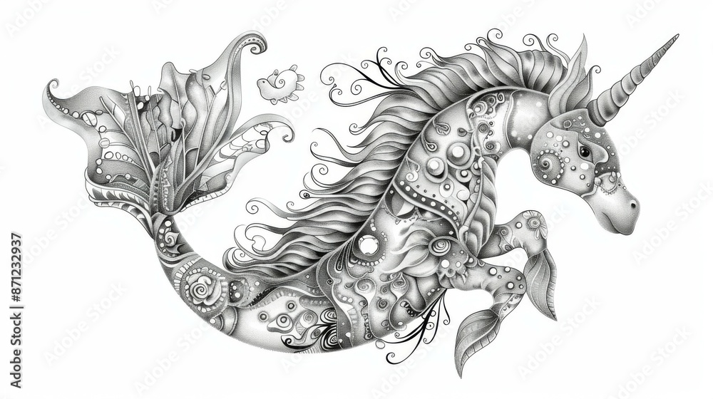 A stunning black-and-white illustration of a hybrid mermaid unicorn with underwater-themed patterns and intricate details, blending fantasy elements with aquatic themes. A stunning black-and-white illustration of a hybrid mermaid unicorn with underwater-themed patterns and intricate details, blending fantasy elements with aquatic themes.
