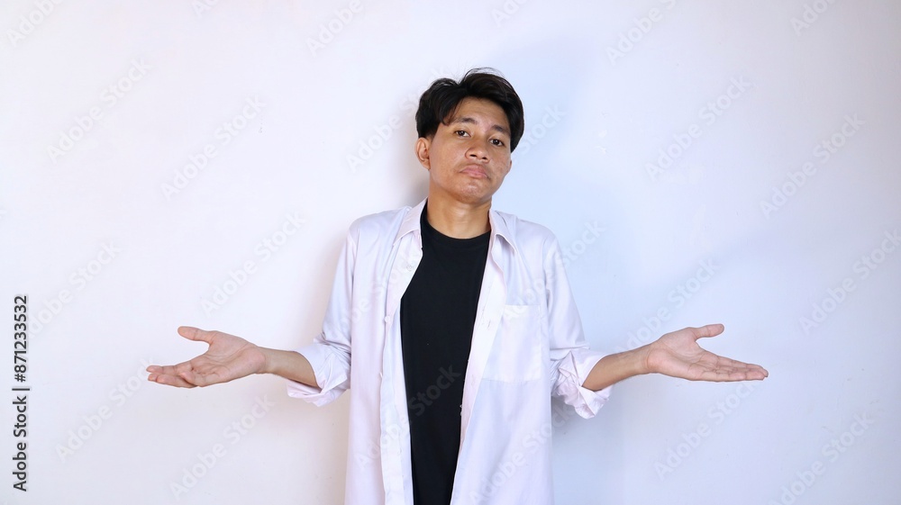 young asian man gesturing not knowing how, confused by stretching out his two hands young asian man gesturing not knowing how, confused by stretching out his two hands