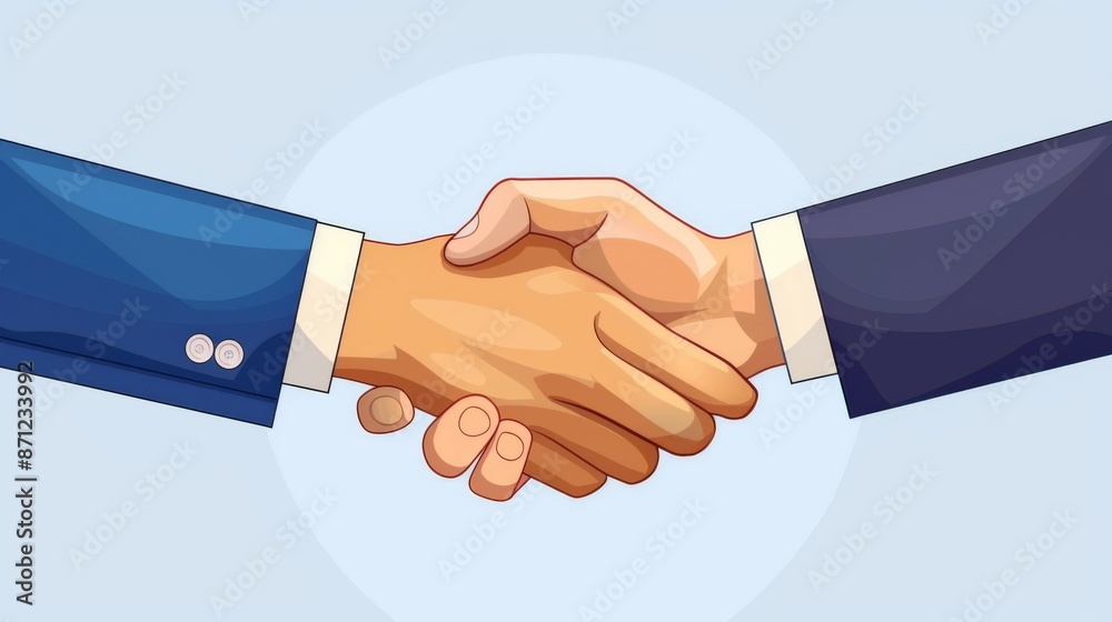 A detailed illustration depicting two individuals wearing formal business suits engaging in a handshake, indicative of professional agreement and strong business ties. A detailed illustration depicting two individuals wearing formal business suits engaging in a handshake, indicative of professional agreement and strong business ties.