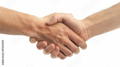 A detailed close-up image of a business handshake in a formal setting, symbolizing agreement, partnership, and mutual trust. The hands are depicted with realistic skin textures and professional attir