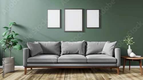 Mockup Frames gray sofa with table on green wall and wooden flooring, Generative Ai.