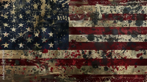 The image depicts an American flag with a heavily distressed, dark look and numerous paint splatters, creating a gritty, emotional aesthetic that evokes a sense of struggle and resilience.