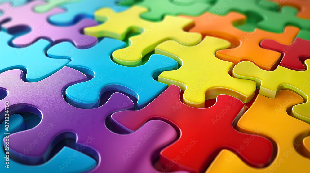 Colorful jigsaw puzzle made of pieces of different colors. Child mental game illustration, autistic kids support, creativity pattern connection, diversity and acceptance, group poster Colorful jigsaw puzzle made of pieces of different colors. Child mental game illustration, autistic kids support, creativity pattern connection, diversity and acceptance, group poster