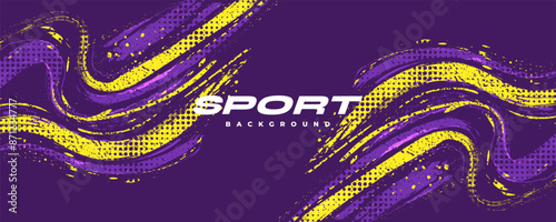 Abstract Sports Background with Purple and Yellow Brush Texture and Halftone Effect. Grunge Background for Banner or Poster Design