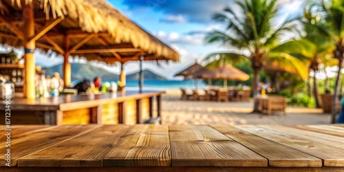 Fototapeta Naklejka Na Ścianę i Meble -  Tropical Beach Bar at Sunset. This image depicts a rustic, wooden beach bar set against the backdrop of a tropical paradise.  Perfect for showcasing your product or message with a touch of paradise.