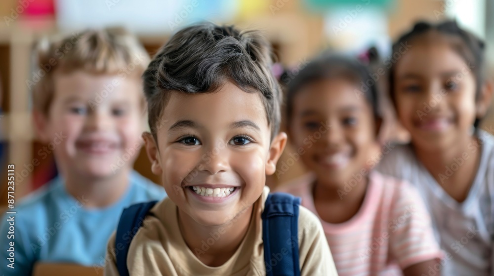 A group of happy children smiling broadly, posing together in a colorful classroom setting, exuding joy and companionship during a school day. A group of happy children smiling broadly, posing together in a colorful classroom setting, exuding joy and companionship during a school day.