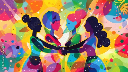 Colorful abstract illustration of four women holding hands in a circle, emphasizing unity, diversity, and togetherness. The background is filled with vibrant, multicolored patterns. photo