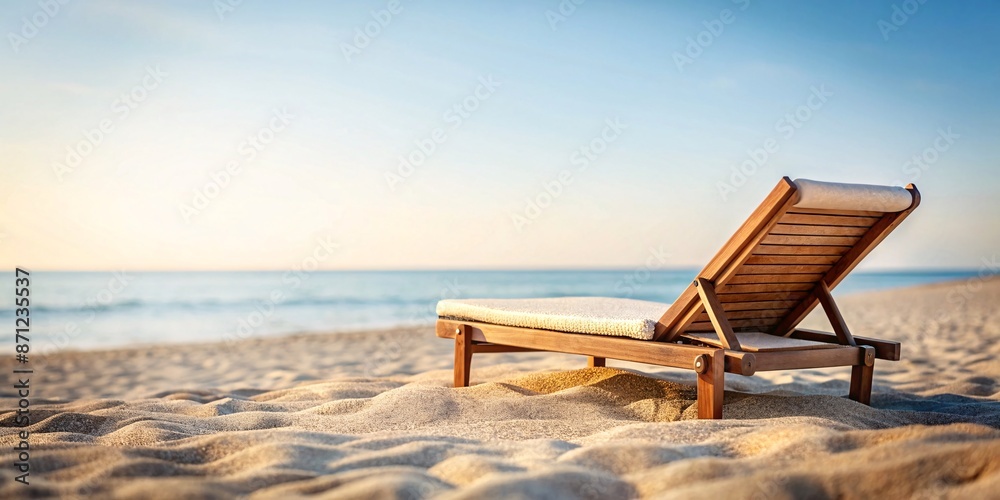 Serene Beach Morning with Sun Lounger. A single wooden sun lounger awaits on a pristine sandy beach, bathed in morning sunlight with the calm sea in the background, inviting relaxation. Serene Beach Morning with Sun Lounger. A single wooden sun lounger awaits on a pristine sandy beach, bathed in morning sunlight with the calm sea in the background, inviting relaxation.