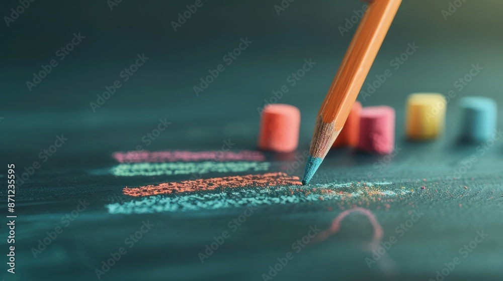 Chalkboard with colorful chalk pieces close up, focus on, copy space vivid and detailed, Double exposure silhouette with teacher writing Chalkboard with colorful chalk pieces close up, focus on, copy space vivid and detailed, Double exposure silhouette with teacher writing
