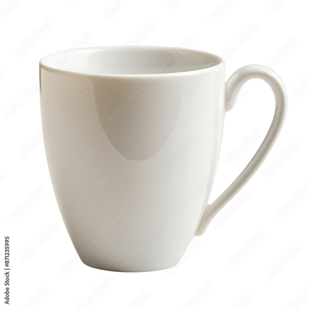 Closeup front view of white shiny reflection ceramic mug or cup isolated on transparent background. Coffee tea drink beverage container object, porcelain kitchen utensil handle, blank, empty