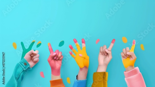 A playful scene featuring hands giving various signs against a blue background, each hand uniquely painted and posed. Confetti adds to the joyful and celebrative mood.