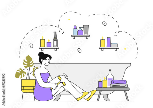 Woman with self massage. Young girl massages her legs with massage roller. Beauty procedures and getting rid of cellulite. Relaxation and wellbeing. Linear flat vector illustration