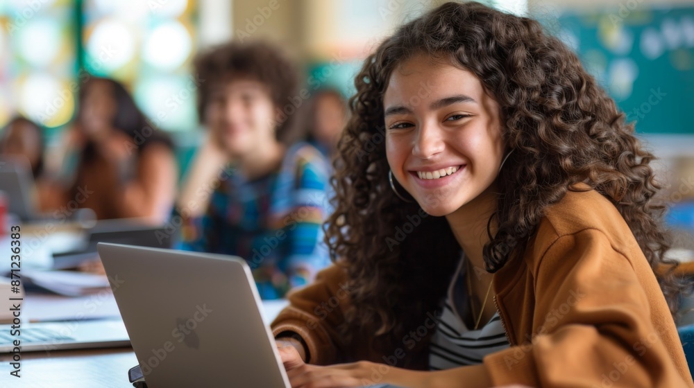 A photograph of a smiling student sitting in a classroom using a laptop, representing education, learning, and youthful enthusiasm in a bright and engaging school environment. A photograph of a smiling student sitting in a classroom using a laptop, representing education, learning, and youthful enthusiasm in a bright and engaging school environment.