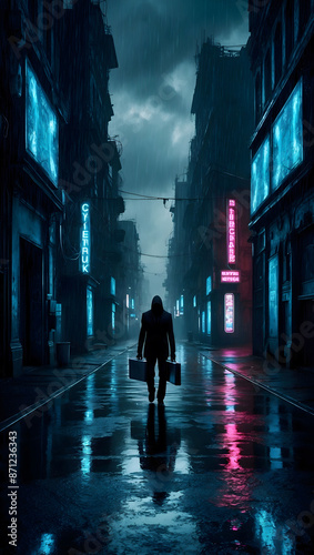 Man walking on a wet street with suitcase in his hand under neon glowing light