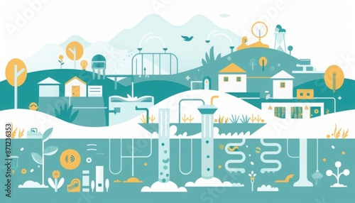 Abstract illustration showing a modern eco-friendly water management system with various facilities on the landscape.