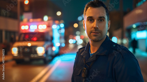 Portrait of happy smiling young paramedic worker in uniform standing on a city street outdoors at night, copy space, 911 ambulance vehicle. Emergency professional doctor job, first aid transport