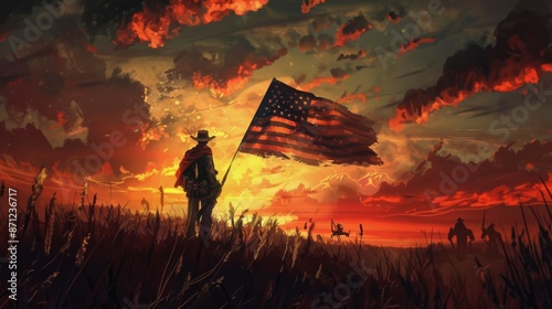 A cowboy stands proudly holding an American flag amid a dramatic sunset and open field, capturing the essence of western heritage, freedom, and national pride. photo