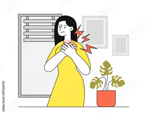 Woman with sick heart. Young girl suffer from heart attack. Frightened woman holding her chest. Person with physical or emotional stress. Linear flat vector illustration