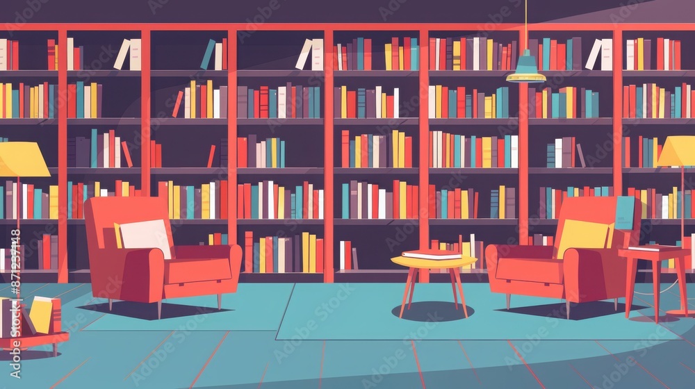 Cozy library interior with bookshelves and comfortable seating area. Perfect for studying or relaxing amidst a vast collection of books. Cozy library interior with bookshelves and comfortable seating area. Perfect for studying or relaxing amidst a vast collection of books.