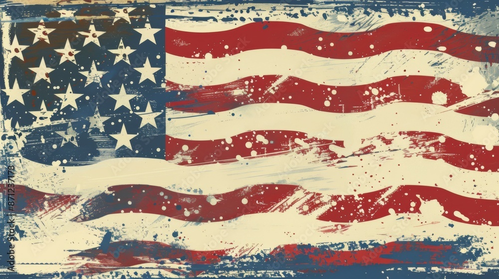 A creative abstract depiction of the American flag featuring white stars on a blue field and red and white stripes with artistic splatter effects, representing modern patriotism. A creative abstract depiction of the American flag featuring white stars on a blue field and red and white stripes with artistic splatter effects, representing modern patriotism.