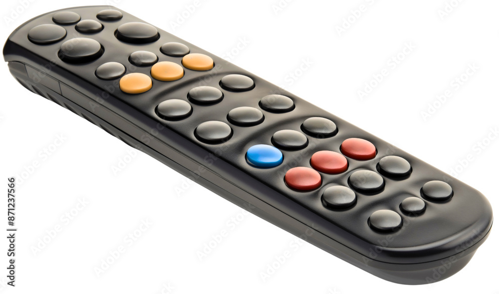 Closeup of black TV remote controller with buttons isolated on transparent background. Television entertainment switch channel technology device object, electronic film movie media equipment Closeup of black TV remote controller with buttons isolated on transparent background. Television entertainment switch channel technology device object, electronic film movie media equipment