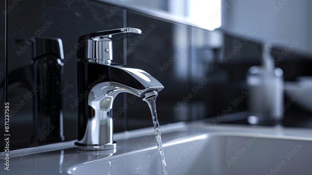Modern bathroom faucet with running water, close-up. Hygiene and cleanliness concept Modern bathroom faucet with running water, close-up. Hygiene and cleanliness concept