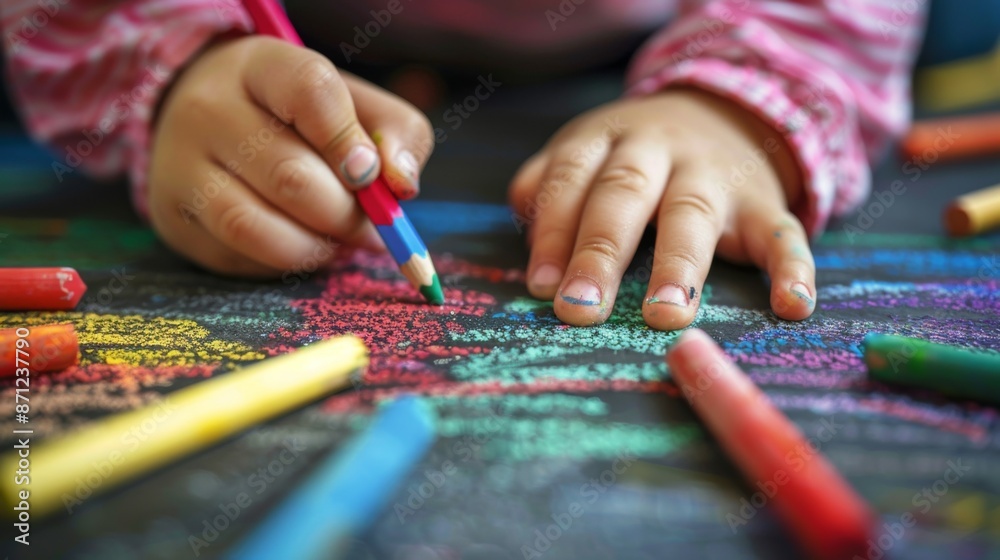 Obraz premium This close-up image captures a child’s hands drawing on a chalkboard with vibrant chalk, highlighting the essence of childhood creativity and artistic exploration in a relaxed setting.