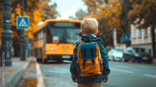 Rear back view of little preschool toddler boy wearing backpack, waiting for school bus on a station, autumn fall trees. Elementary kindergarten male child kid student, pupil education transport