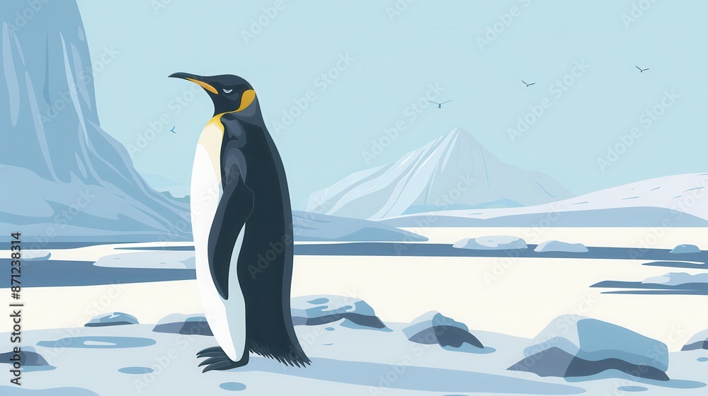 Fototapeta premium Illustration of a penguin in an icy Antarctic landscape with mountains and icebergs in the background, showcasing arctic wildlife.