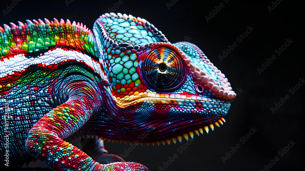 Stunning close up shot of a vibrant colorful chameleon revealing its intricate mesmerizing pattern of scales and skin textures Stunning close up shot of a vibrant colorful chameleon revealing its intricate mesmerizing pattern of scales and skin textures