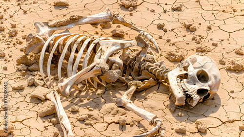 The skeletal remains of an animal lie scattered across a desolate drought stricken landscape a haunting testament to the devastating impacts of climate change and environmental degradation photo