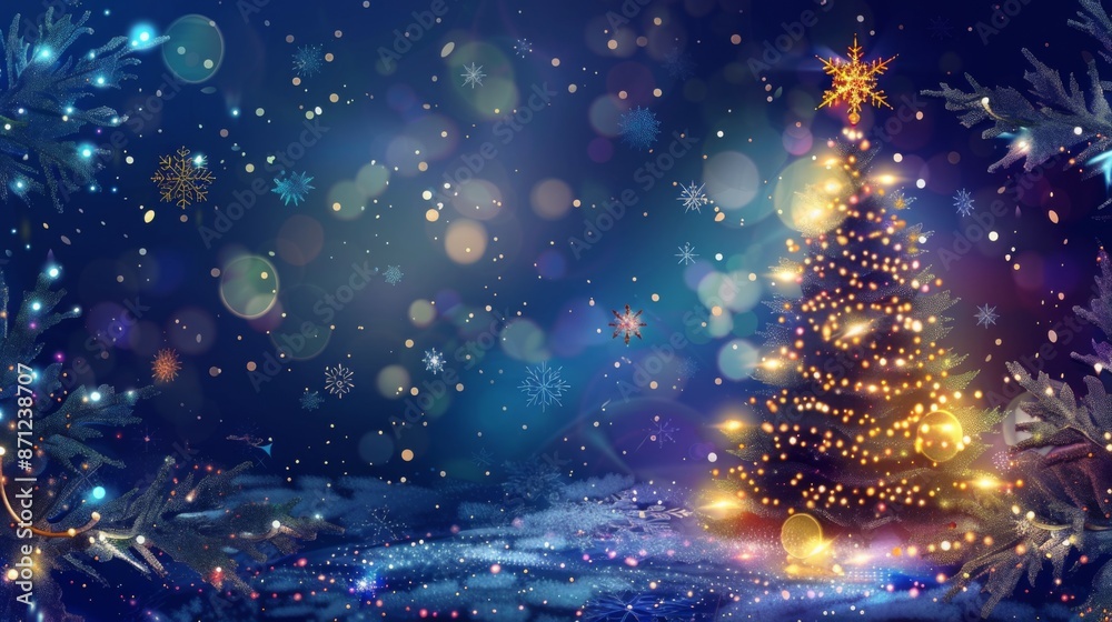 An illuminated Christmas tree, adorned with lights and snowy decorations in a dark, magical setting with snowflakes and sparkling bokeh in the background. An illuminated Christmas tree, adorned with lights and snowy decorations in a dark, magical setting with snowflakes and sparkling bokeh in the background.