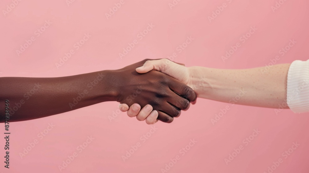 A detailed shot of two different hands shaking as a gesture of agreement captured against a pink backdrop, representing unity, cooperation, and mutual respect in a simplistic style. A detailed shot of two different hands shaking as a gesture of agreement captured against a pink backdrop, representing unity, cooperation, and mutual respect in a simplistic style.