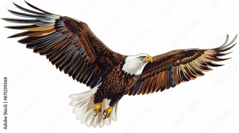 Obraz premium A beautifully illustrated image of a bald eagle in mid-flight, with its wings open wide showcasing fine details and vibrant colors, representing freedom and power.