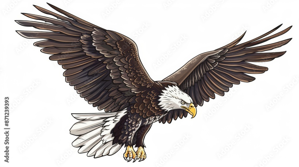 Obraz premium A finely crafted digital illustration of a bald eagle soaring through the sky, showcasing intricate details and bold colors, symbolizing freedom, majesty, and strength.