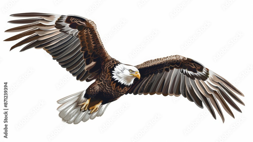 Fototapeta premium An animated rendering of a bald eagle flying high with its full wingspan on display, capturing the essence of freedom, strength, and the majestic nature of the wildlife creature.