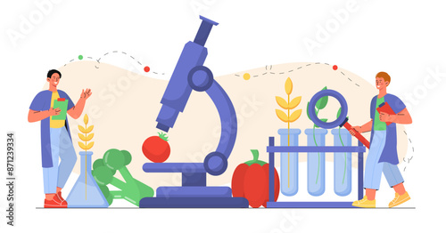 Study of vegetables. Men with microscope and magnifying glass examine vegetables. Analysis of tomato and broccoli. Microbiology and biotechnology. Flat vector illustration