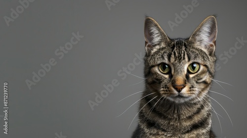 Portrait of a striped cat with green eyes on gray background with space for text and negative space