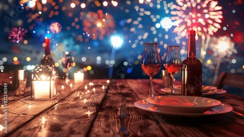An enchanting outdoor dinner setup with wine glasses and candles on a wooden table, under a spectacular fireworks-filled night sky, creating a magical celebration scene.