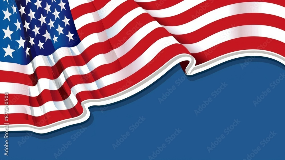 Obraz premium An artistic rendering of the United States flag with a rippling effect, situated over a blue background, epitomizing freedom and the vibrant American spirit in modern graphic art.