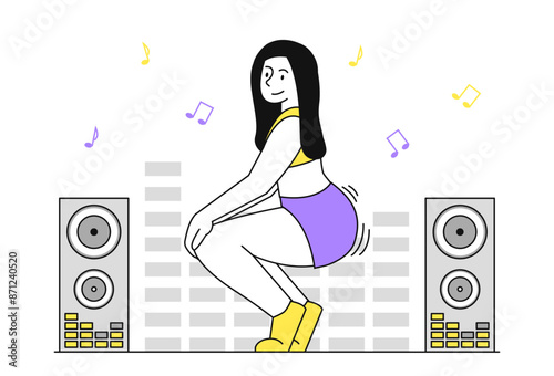 Woman dance twerk. Young girl performs on stage. Person stars in rap video and shakes his ass. Popular modern hip hop dances. Linear flat vector illustration
