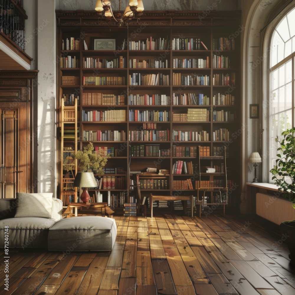 A cozy library room with wooden bookshelves filled with books, a large window letting in sunlight, and a comfortable reading area featuring chairs and a sofa. A cozy library room with wooden bookshelves filled with books, a large window letting in sunlight, and a comfortable reading area featuring chairs and a sofa.