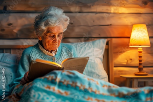 Elderly woman convalescing with soft classical music, convalescence, auditory comfort photo