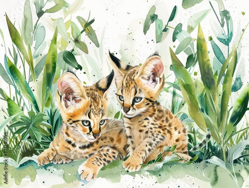 Two adorable serval kittens cuddle amidst lush green foliage.  A watercolor illustration. photo
