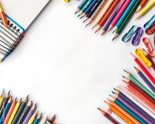 Colorful Pencils and Notebook on White Background