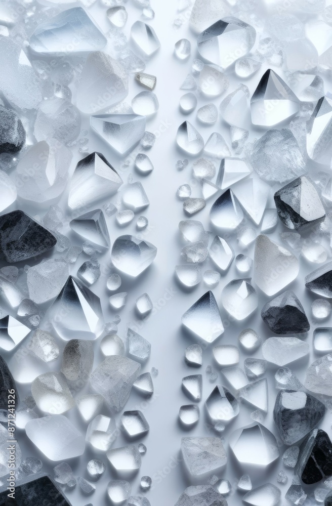 transparent crystals varying in shape and size, in clear and dark hues, arranged against light background. concepts: articles about crystal healing or metaphysical properties, minerals and gemstones.