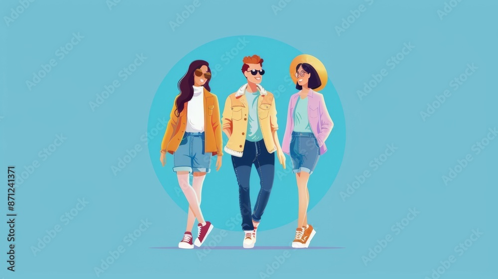 Obraz premium An illustration of three friends walking in stylish and colorful outfits against a minimalist blue background, symbolizing modern fashion and camaraderie.